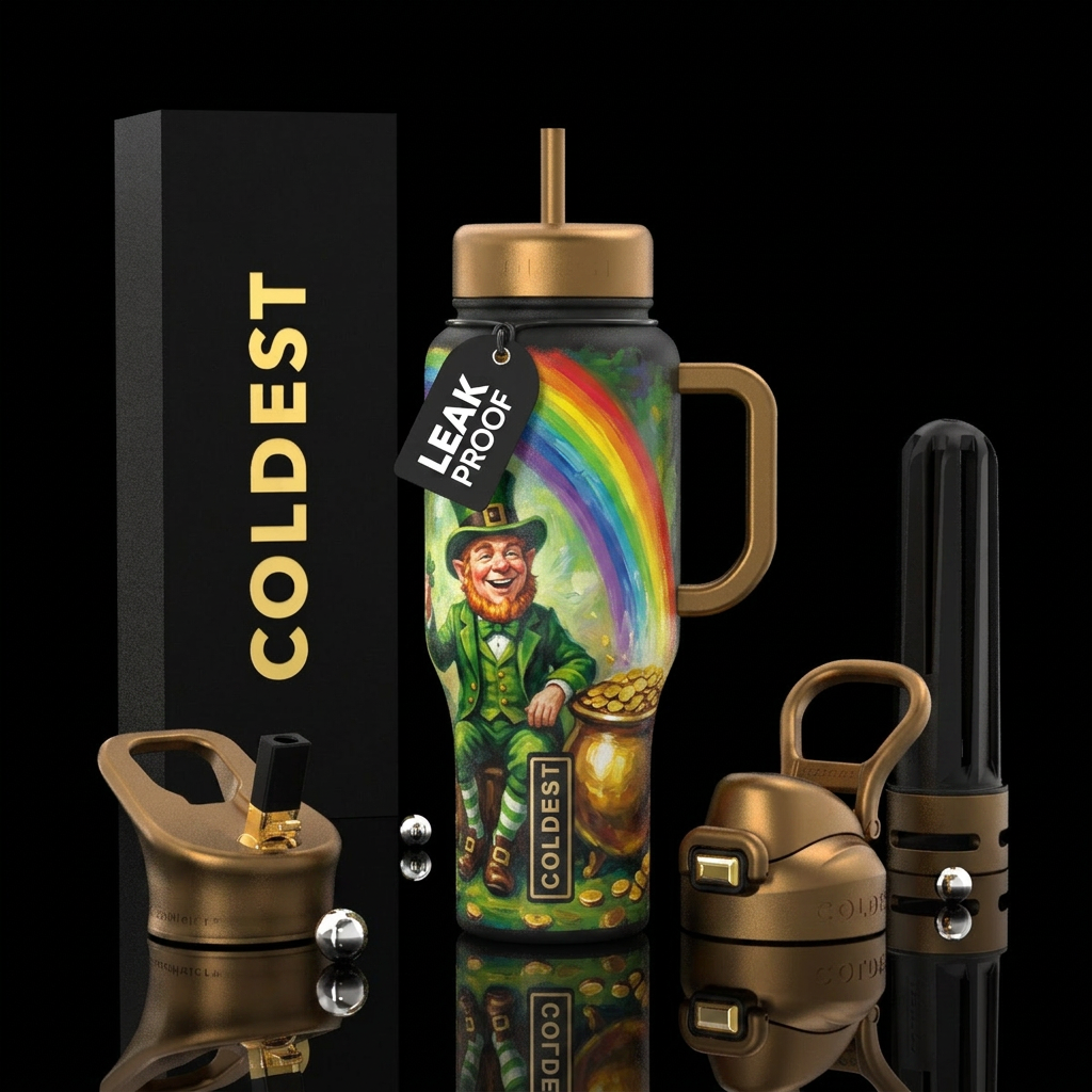 Painting of leprechaun with his pot of gold at the... water bottle design