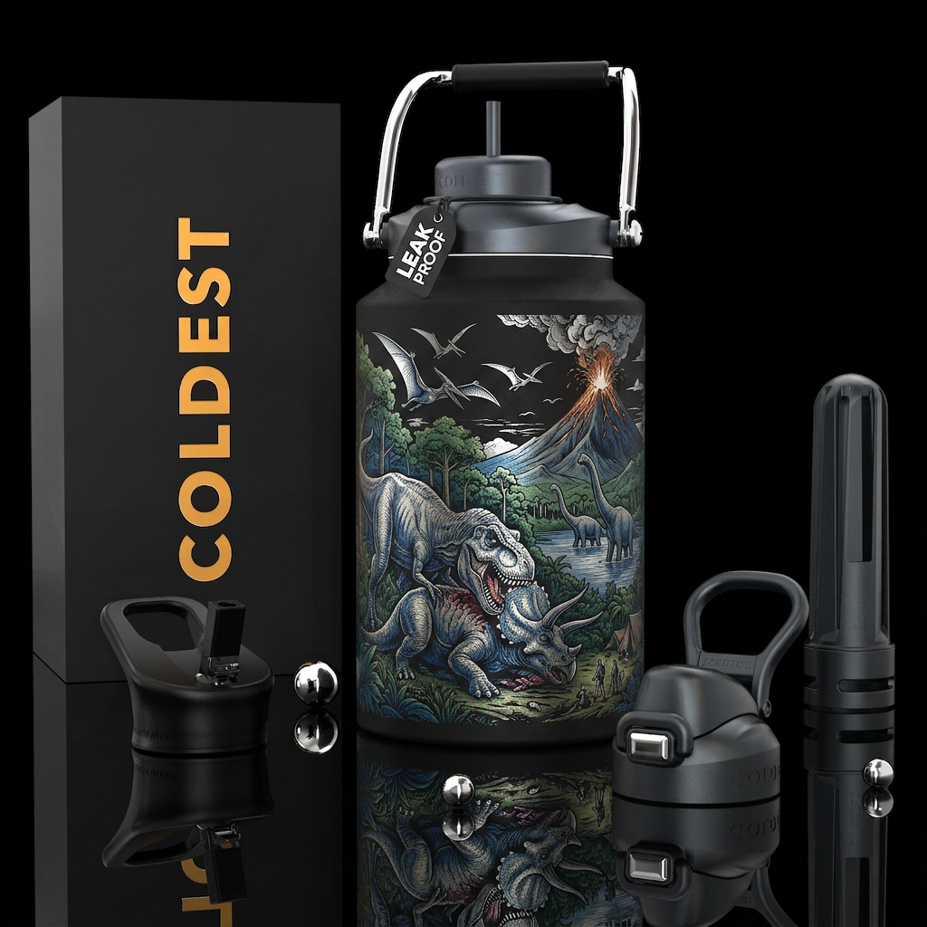 Island of the lost dinosaurs in silver. Raging t r... water bottle design