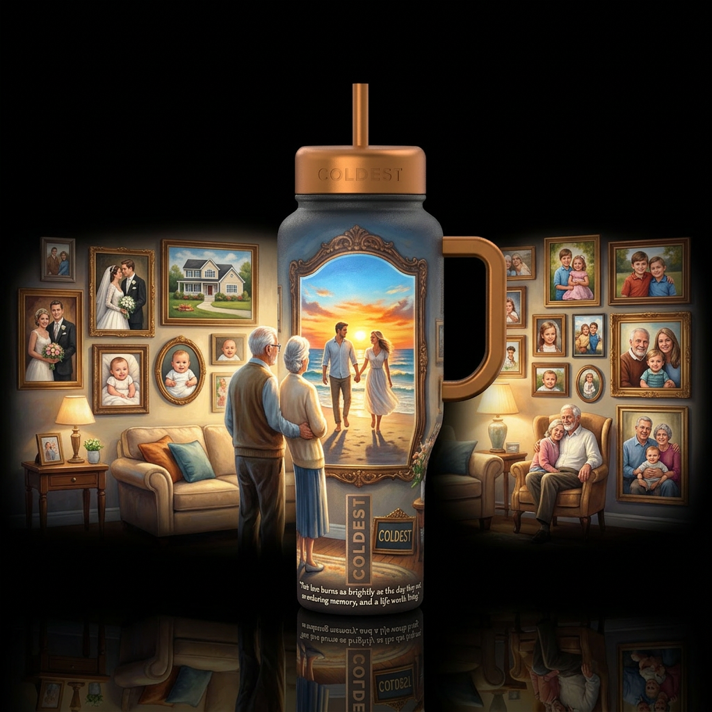 Reflections. Old couple looking in mirror seeing t... water bottle design