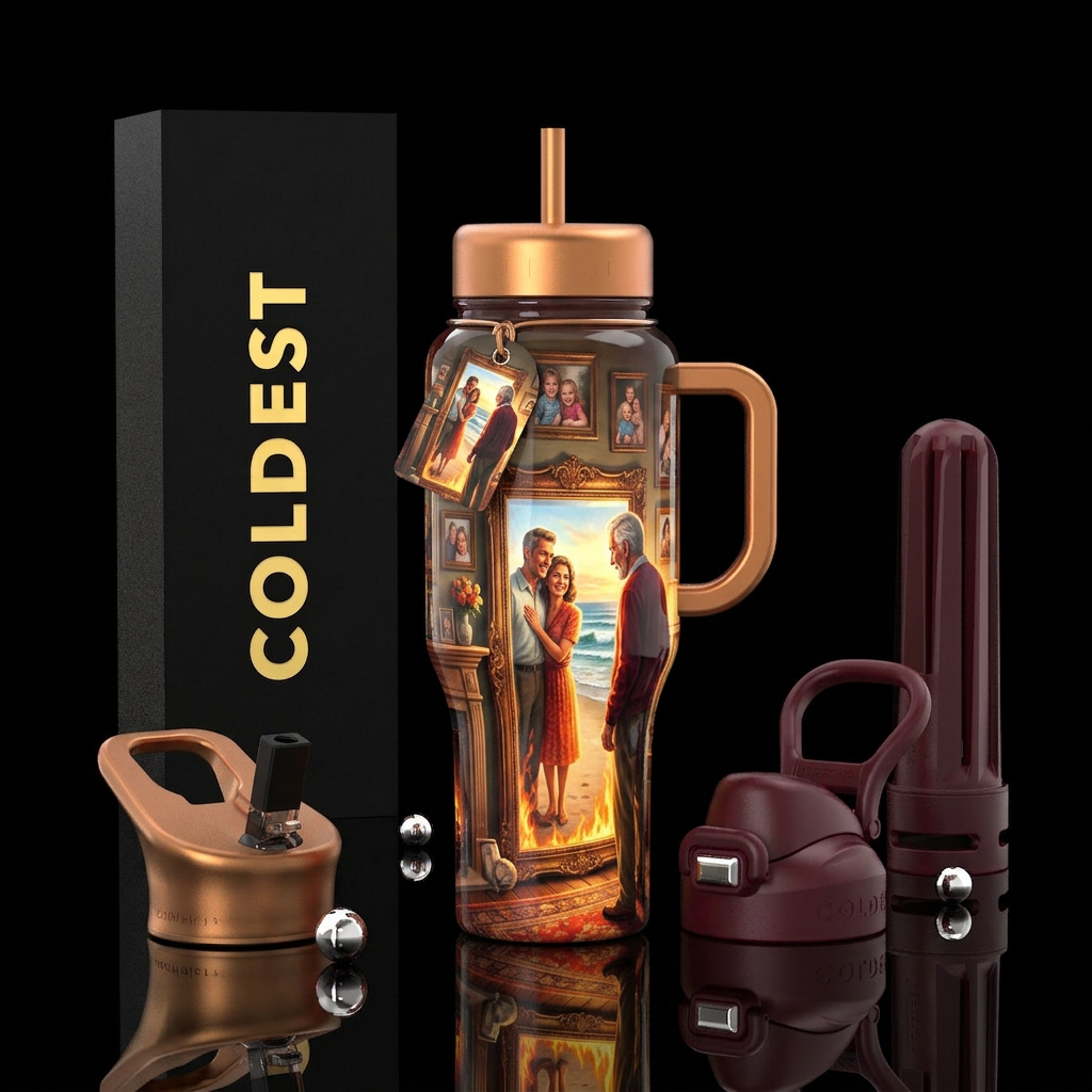 Reflections. Old couple looking in mirror seeing t... water bottle design