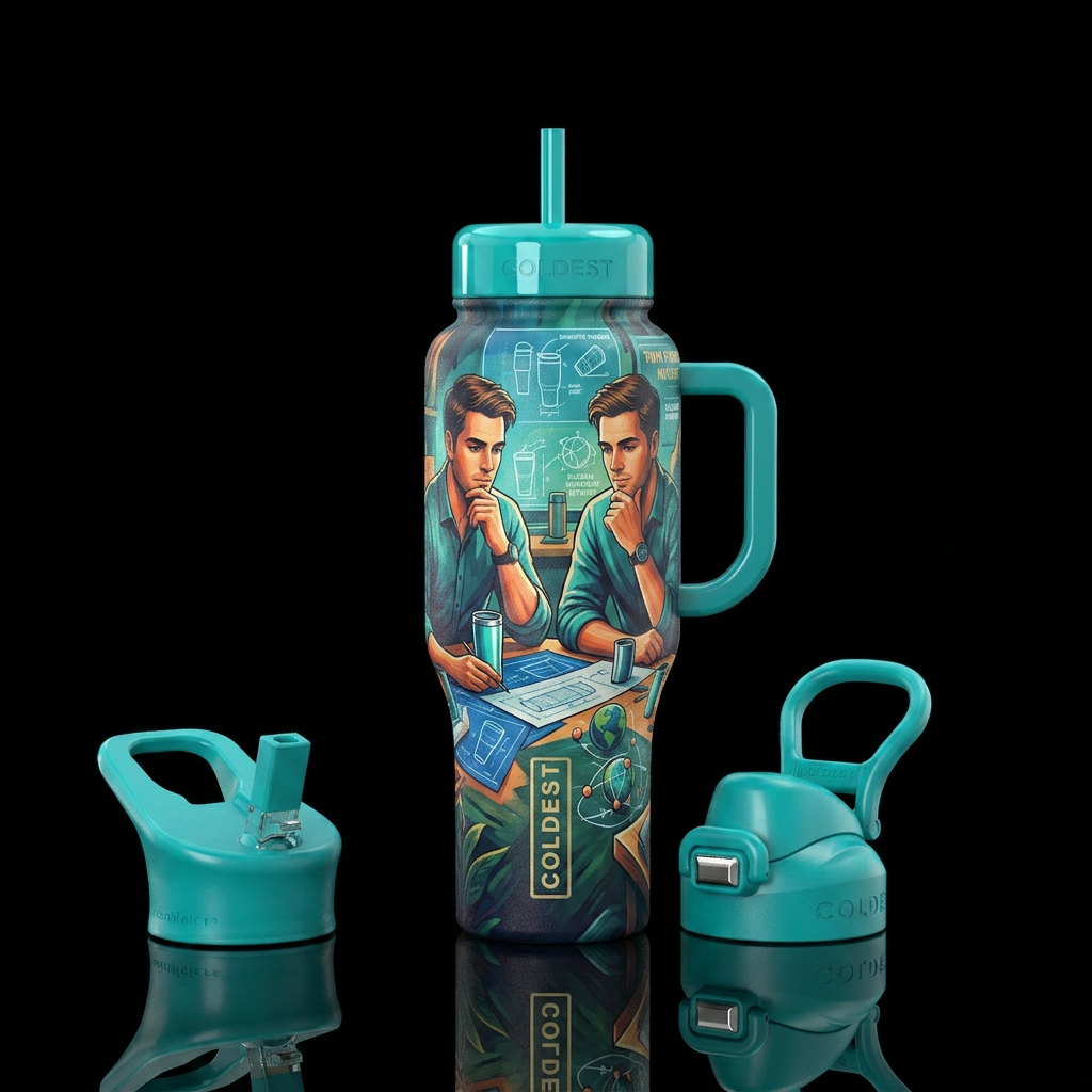 2 twin brothers sitting at a table dreaming about ... water bottle design