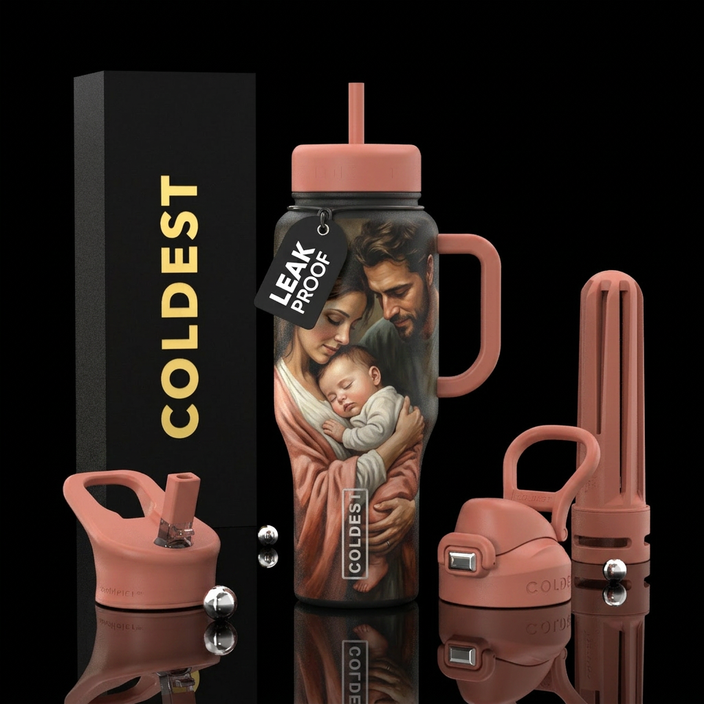 Baby sleeping in the arms of their mother with the... water bottle design