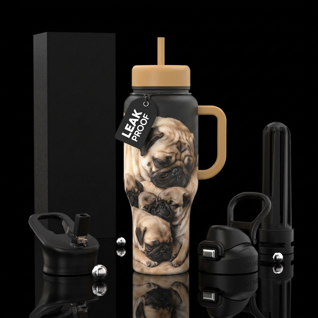 Baby pugs sleeping next to their mother water bottle design