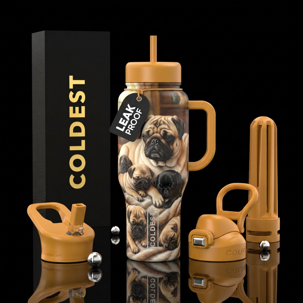 Baby pugs sleeping next to their mother water bottle design