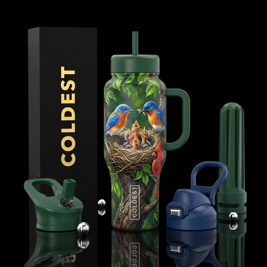 Painting of baby birds being fed by their parents ... water bottle design