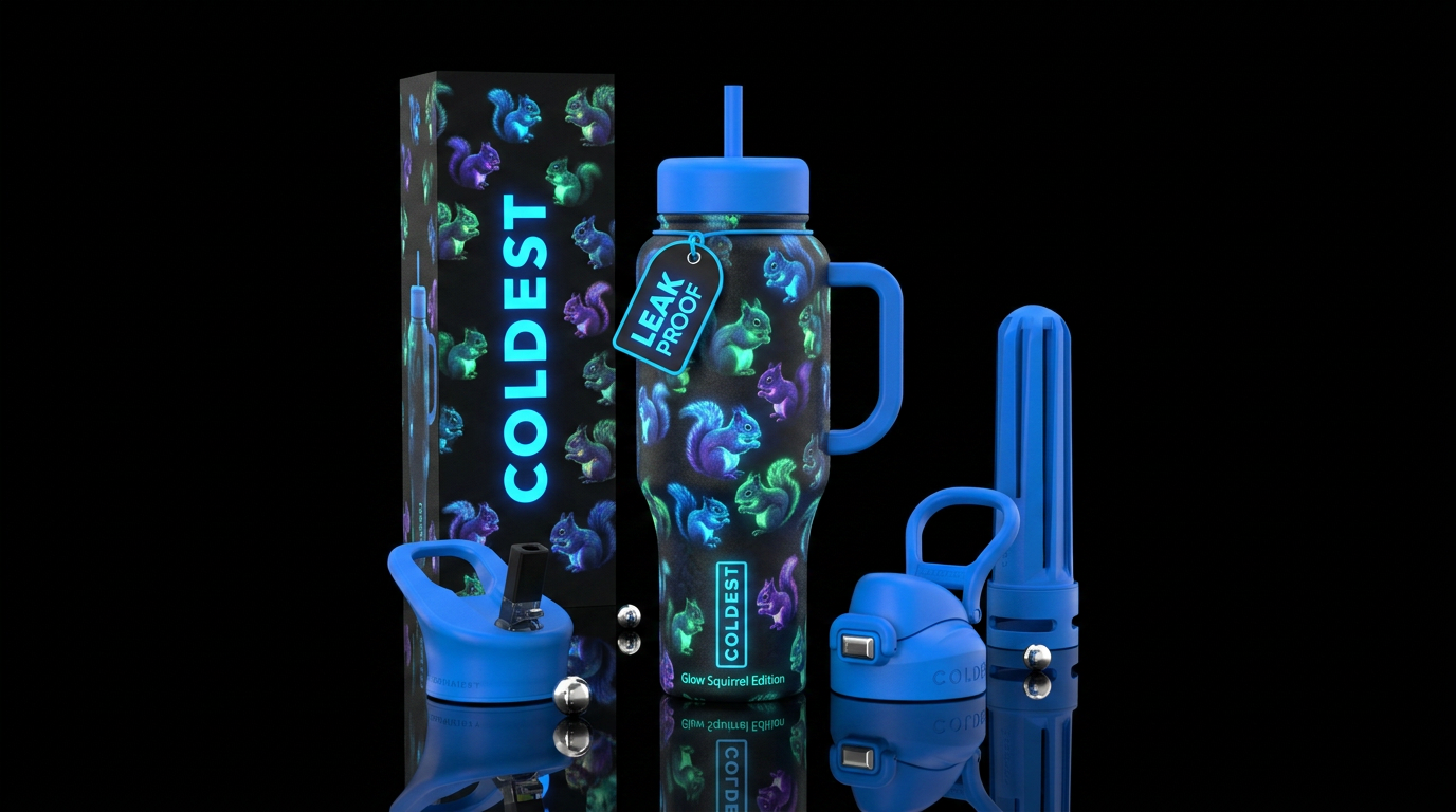 Glowy baby squirrels water bottle design