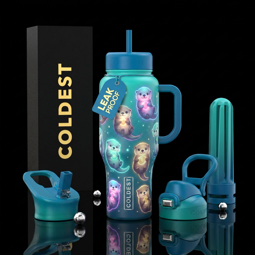Glowy baby otters water bottle design