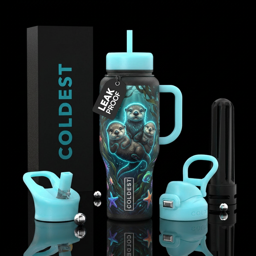 Glowy baby otters water bottle design