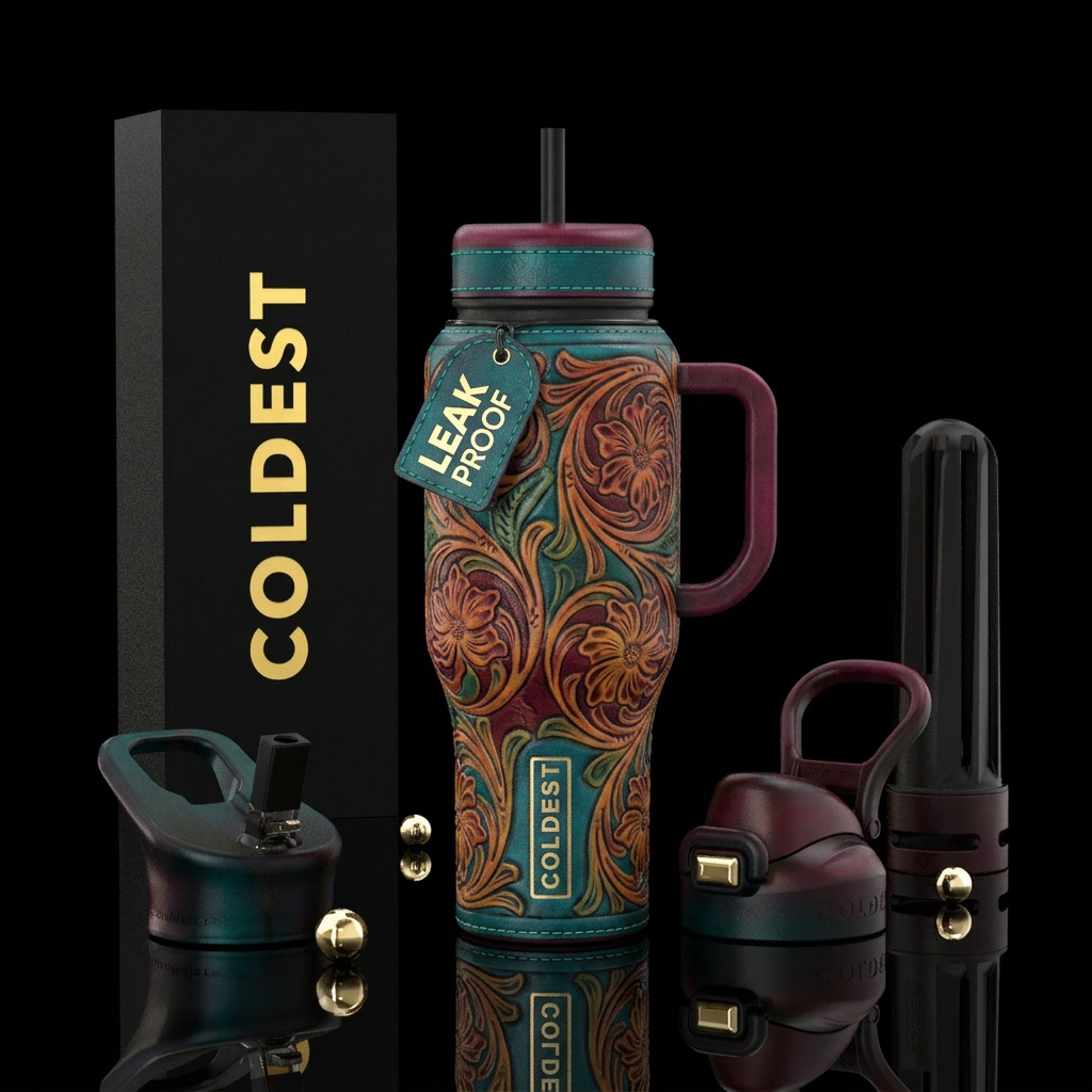 Tumbler is covered in tooled leather. It is textur... water bottle design