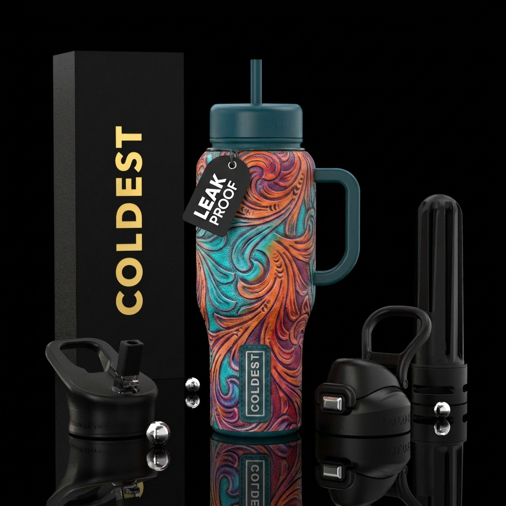 Tumbler is covered in tooled leather. It is textur... water bottle design