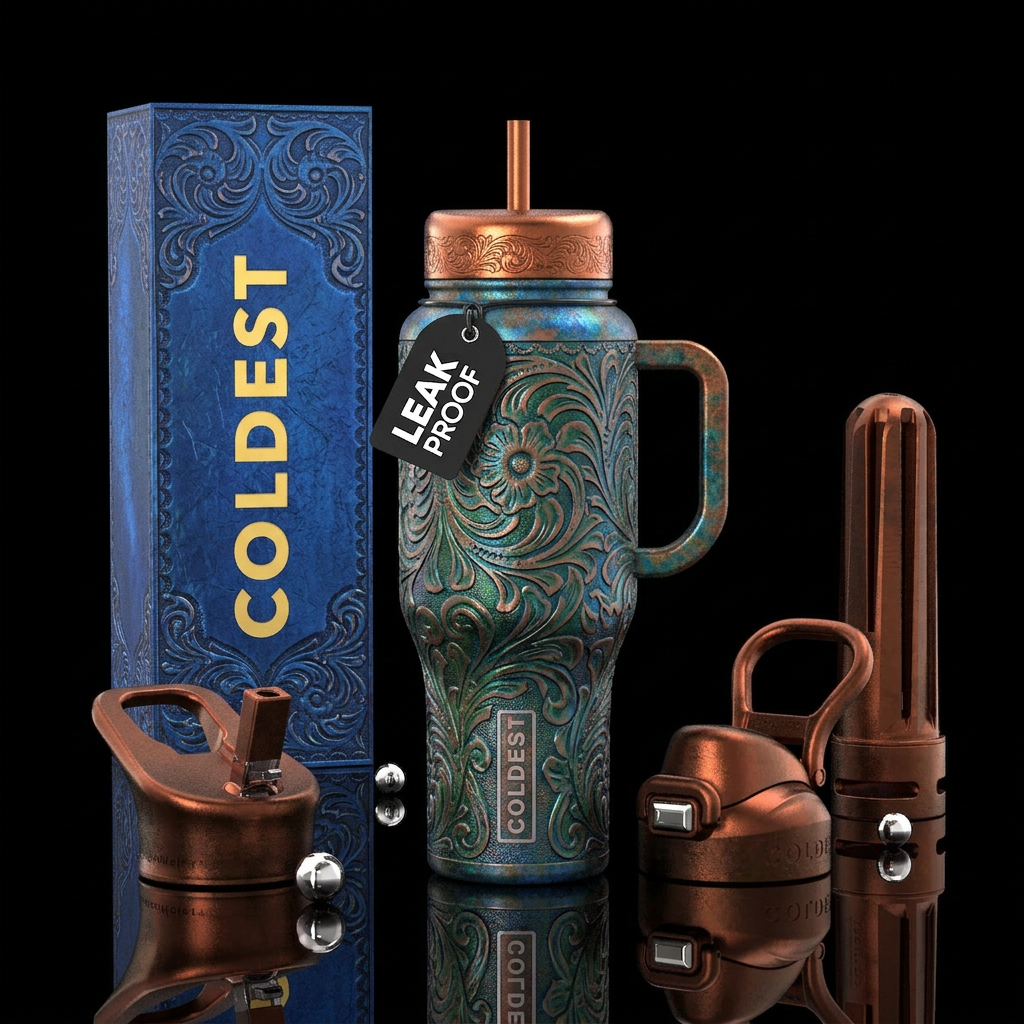Tumbler is covered in tooled aluminum with patina.... water bottle design