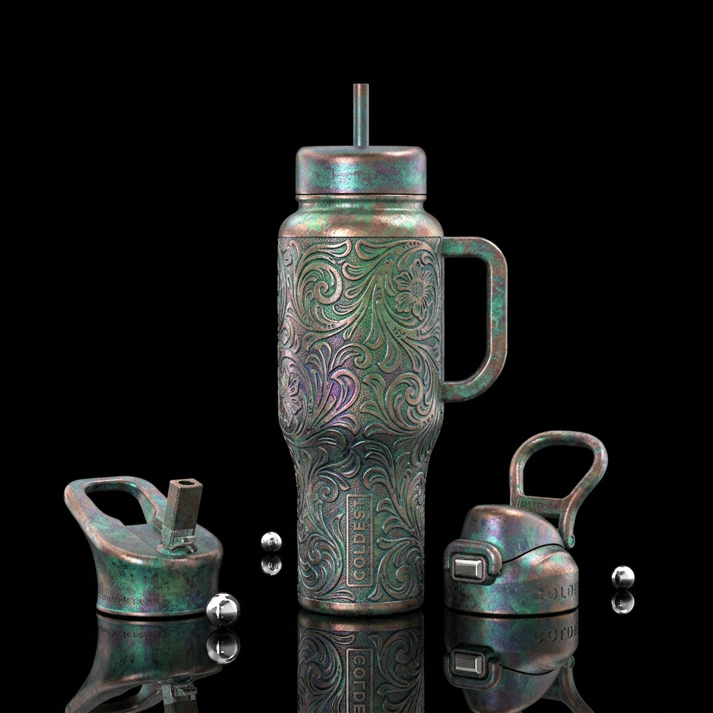 Tumbler is covered in tooled aluminum with patina.... water bottle design