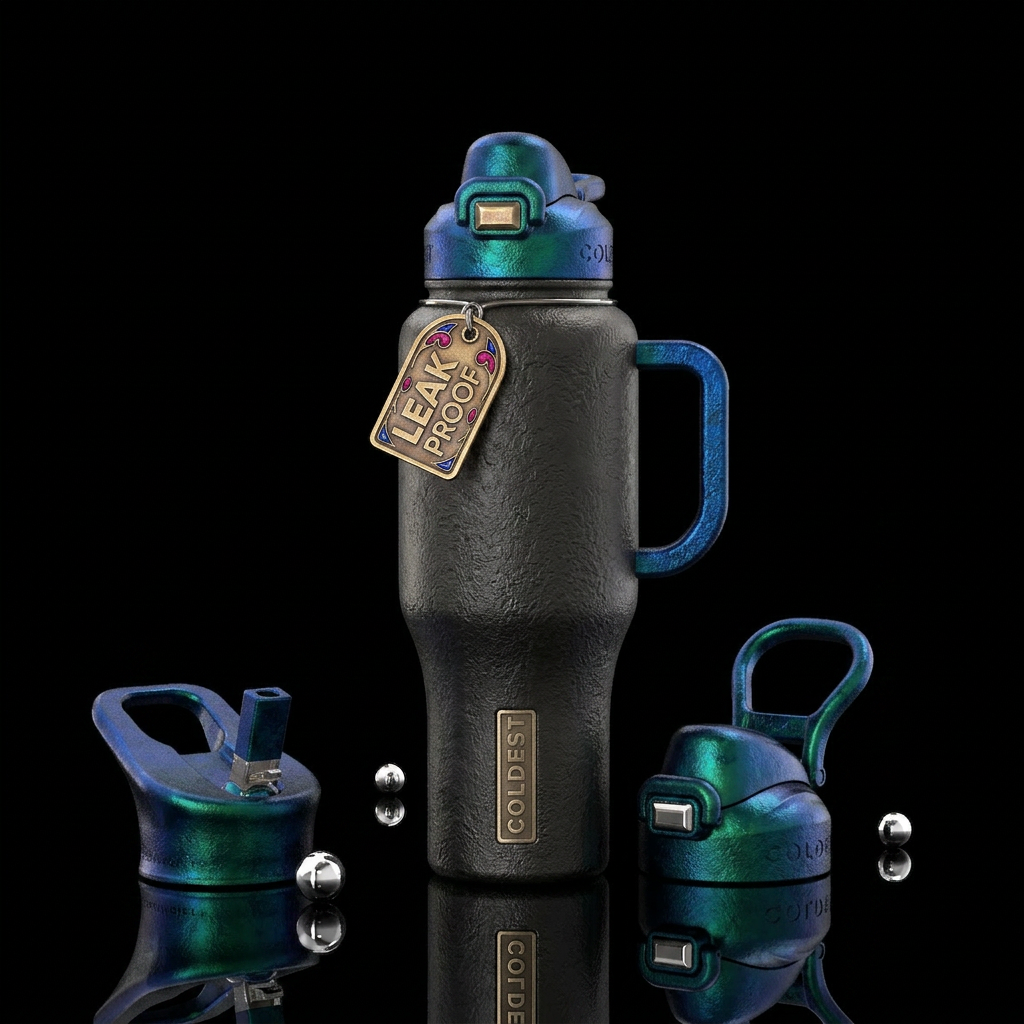 Tumbler is covered in tooled cast iron It is textu... water bottle design