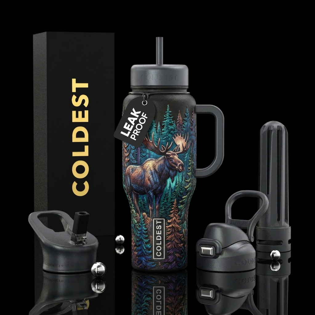 Tumbler is scene with moose and forest in cast iro... water bottle design