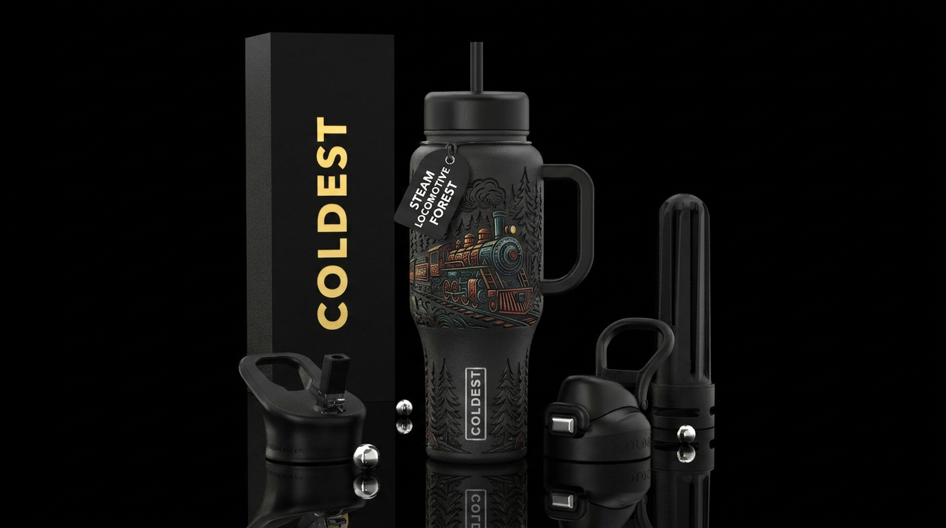 Tumbler is scene with steam locomotive and forest ... water bottle design