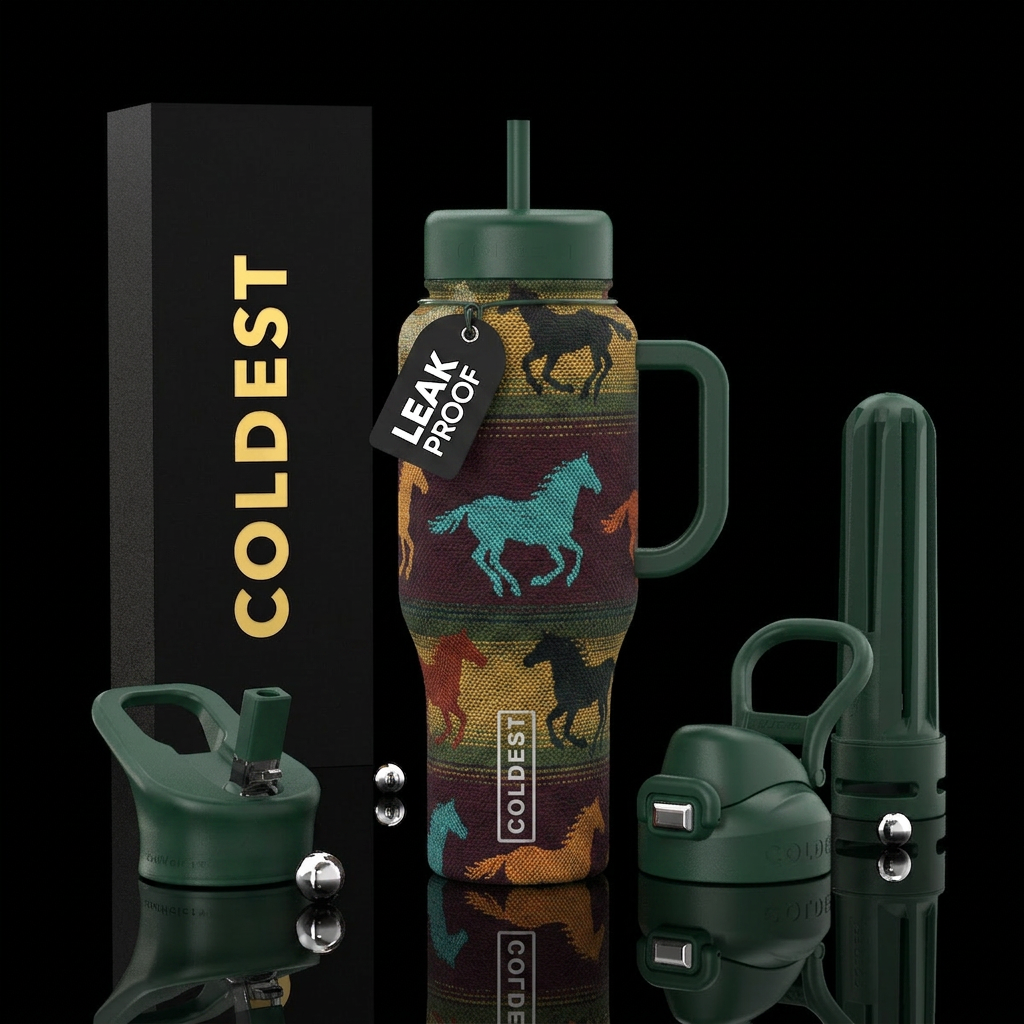 Tumbler is a textured farm style blanket with hors... water bottle design