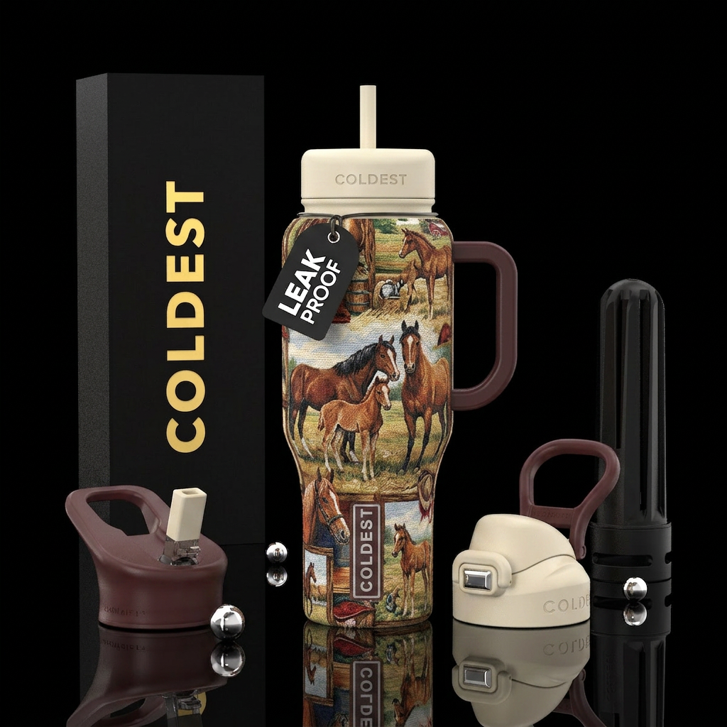Tumbler is a textured farm style blanket with hors... water bottle design
