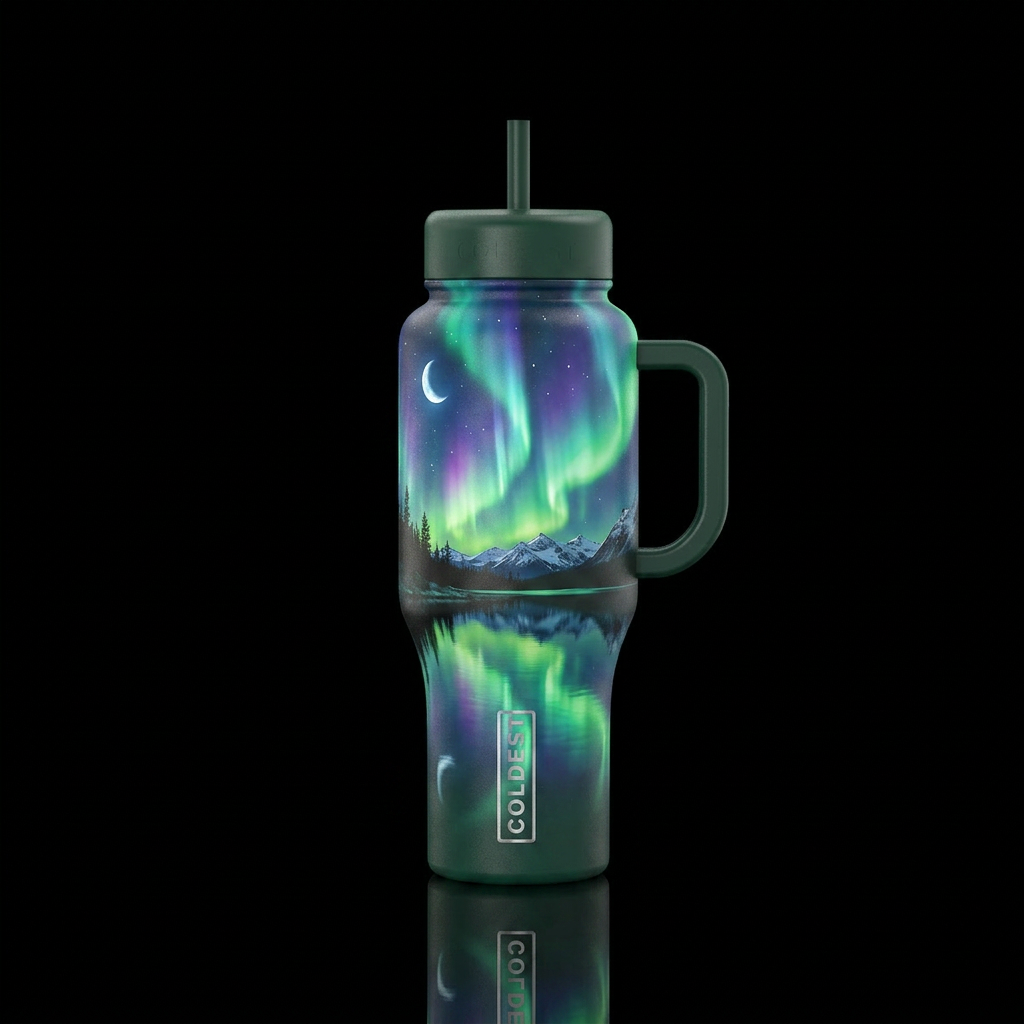 Tumbler has northern lights reflected off of mirro... water bottle design
