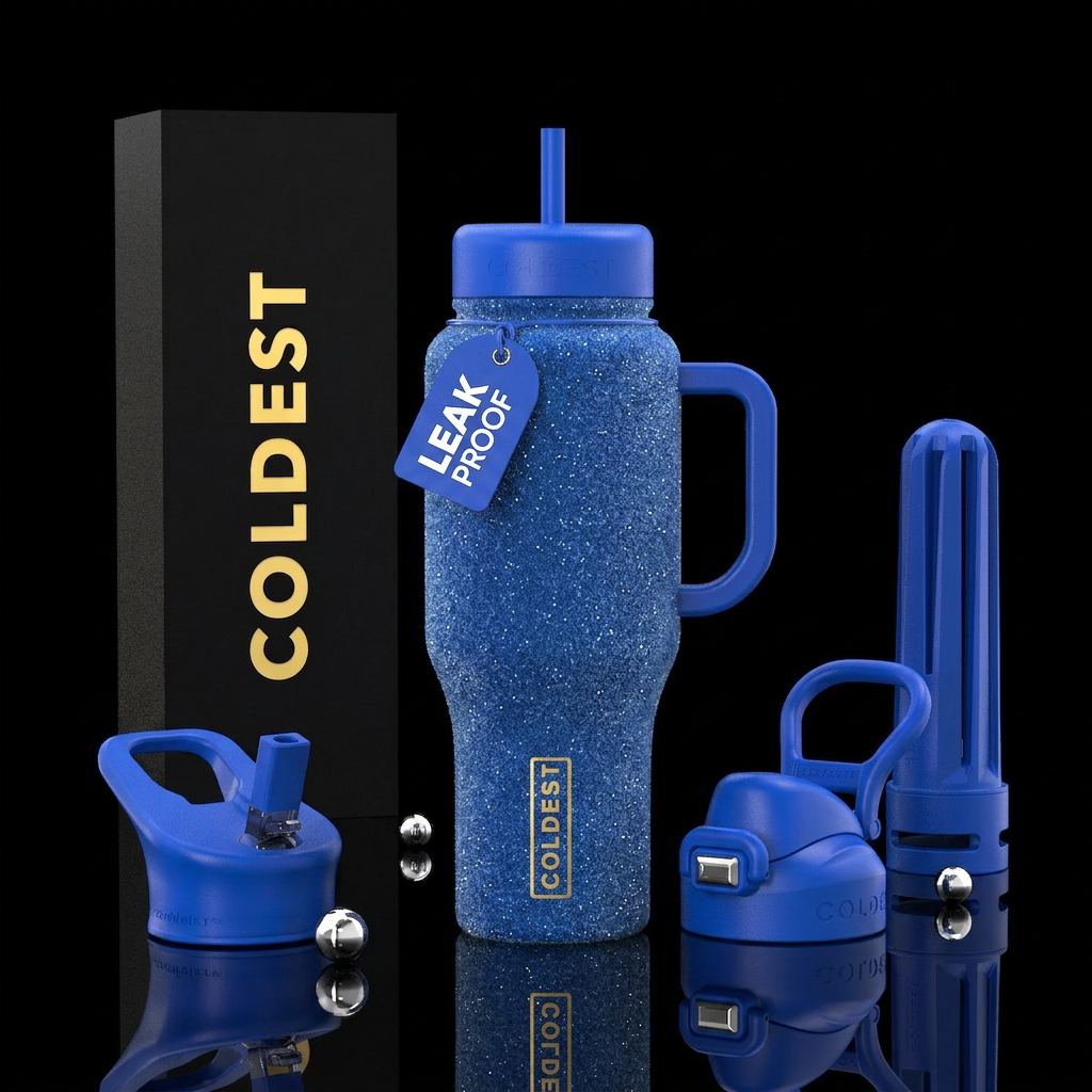 Tumbler is made out of textured sparkly blue snow ... water bottle design
