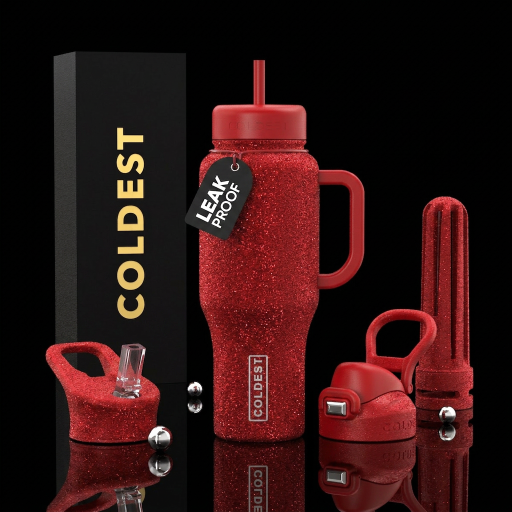 Tumbler is made out of textured sparkly red snow f... water bottle design
