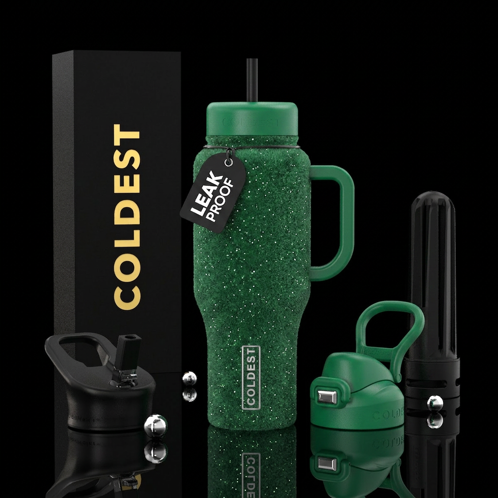 Tumbler is made out of textured sparkly green snow... water bottle design