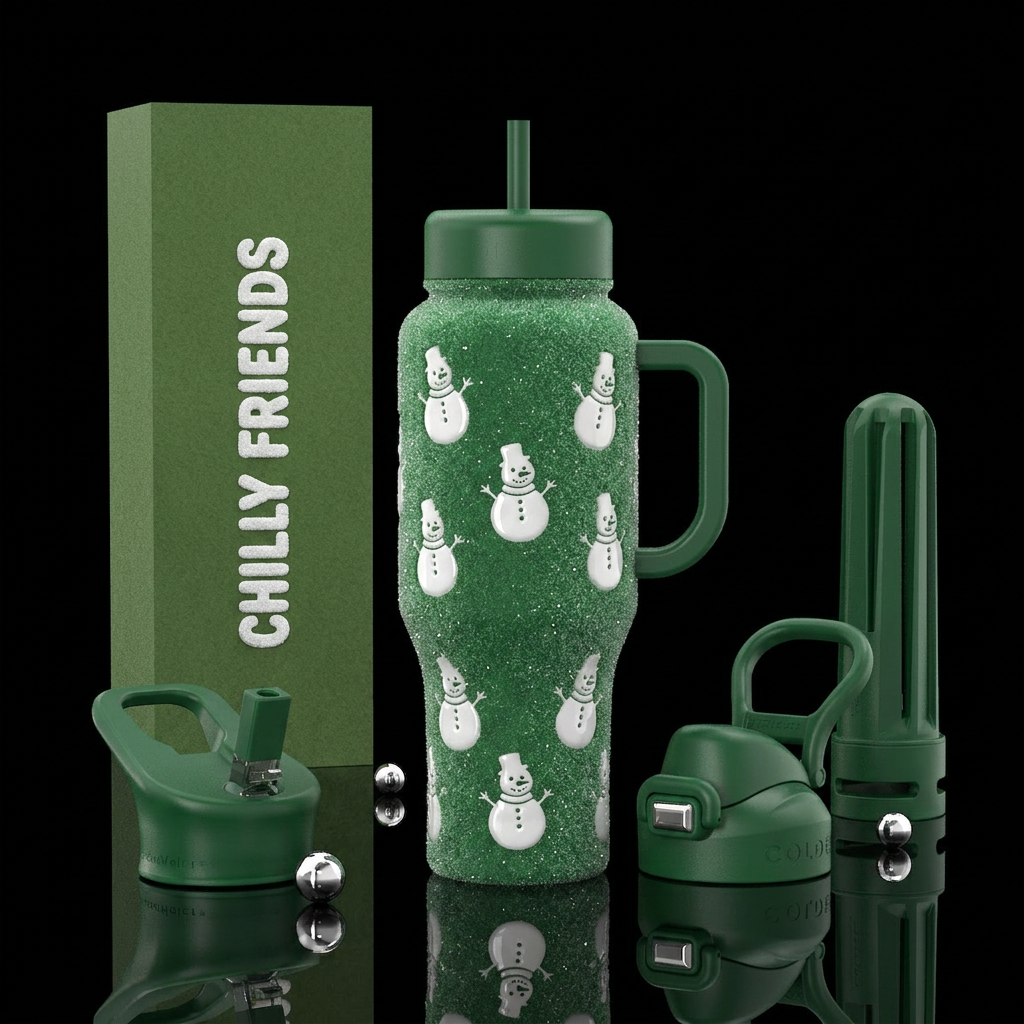 Tumbler is made out of textured sparkly green snow... water bottle design