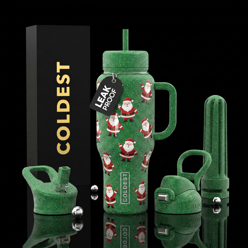 Tumbler is made out of textured sparkly green snow... water bottle design
