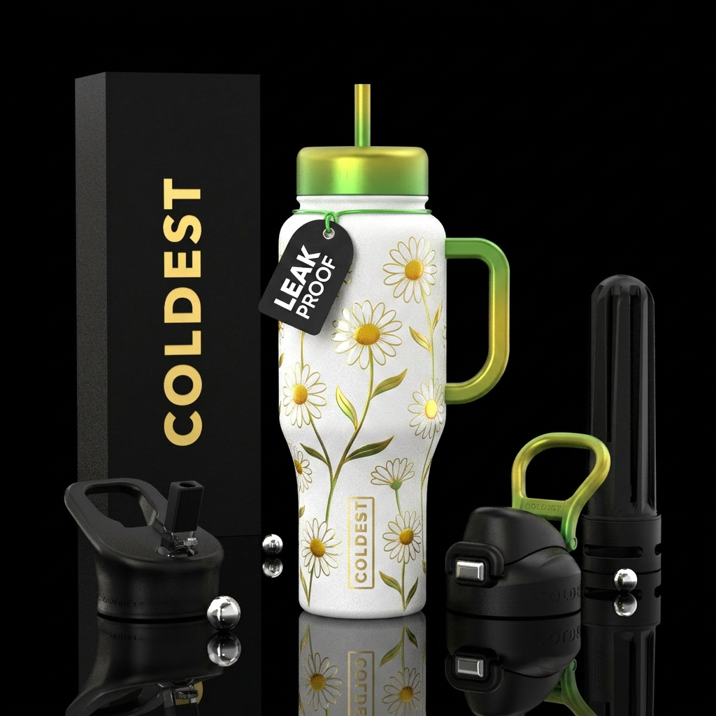 Tumbler is textured white with glossy long stem da... water bottle design