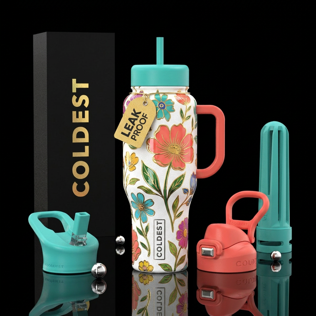 Tumbler is textured white with glossy long stem fl... water bottle design