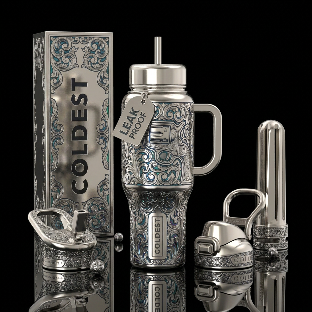 Tumbler is engraved like a nickel plated gun fight... water bottle design