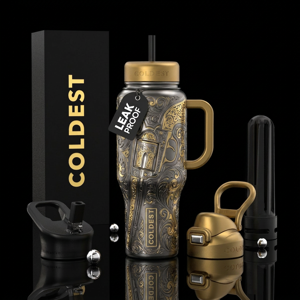 Tumbler is engraved like a nickel plated gun fight... water bottle design