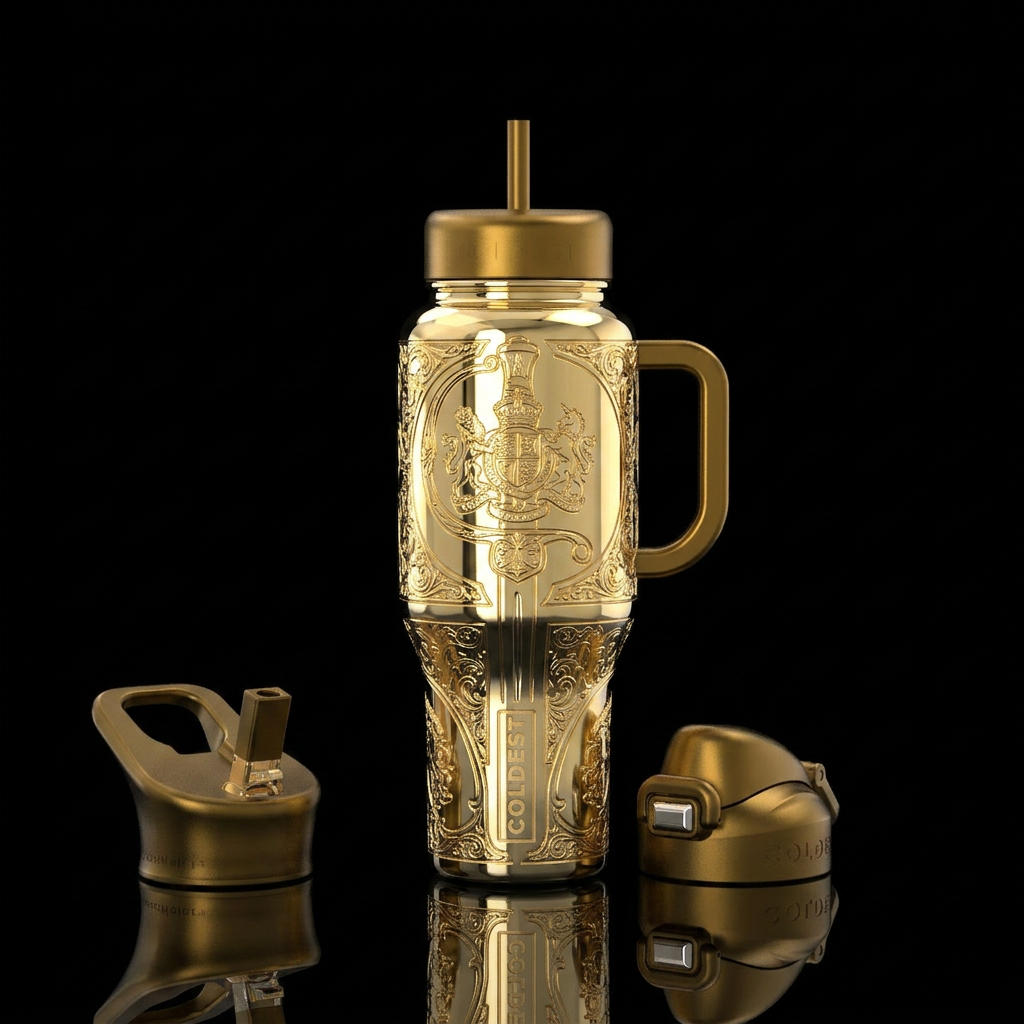 Tumbler is gold inlayed and polished like an offic... water bottle design