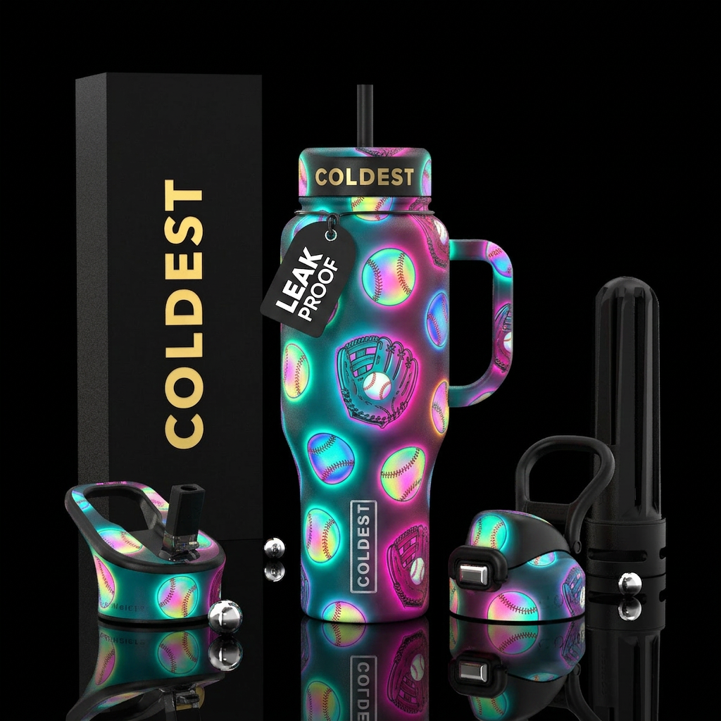 Glowy baseballs and catchers mits water bottle design