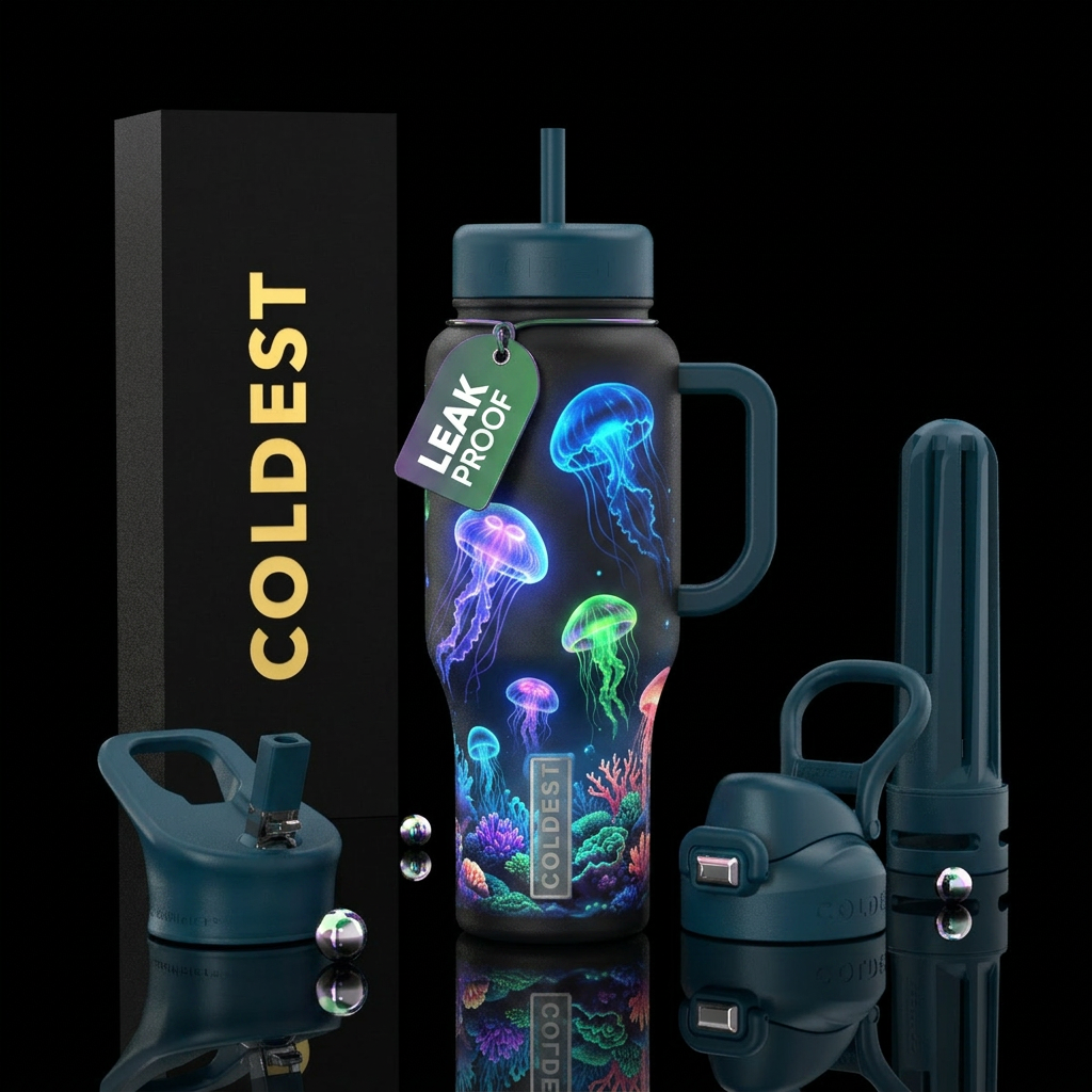 Glowy jellyfish with the ocean floor and coral ree... water bottle design