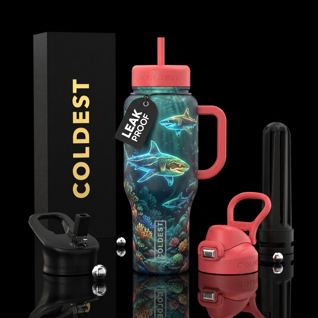 Glowy sharks with the ocean floor and coral reef water bottle design