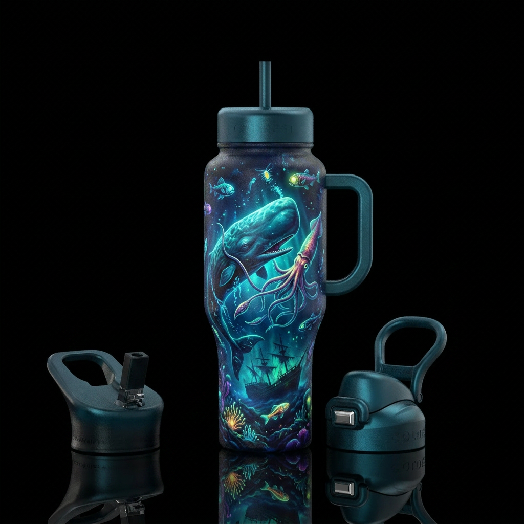 Glowy sperm whale battling glowy giant squid with ... water bottle design