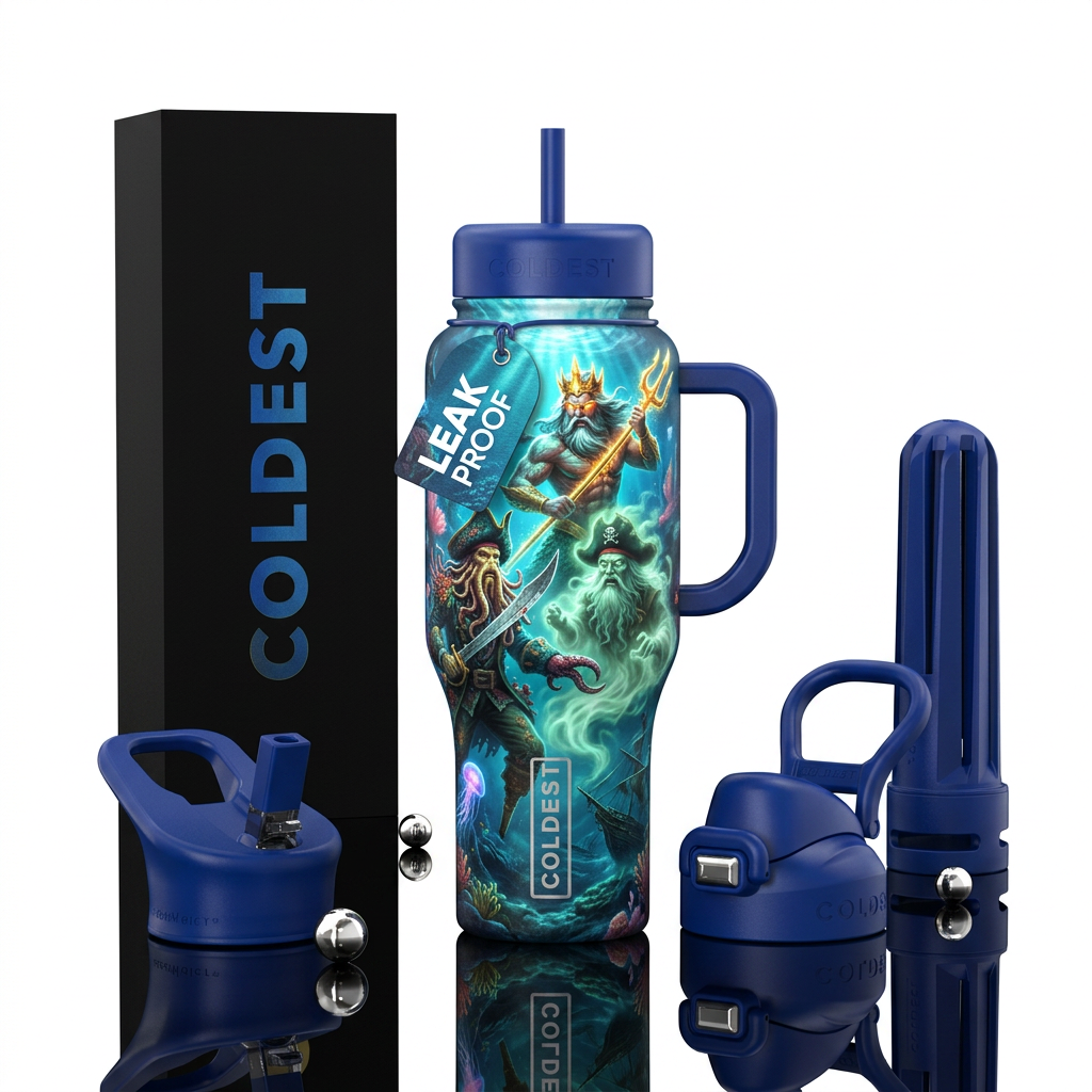 Glowy  king of the ocean with golden trident battl... water bottle design