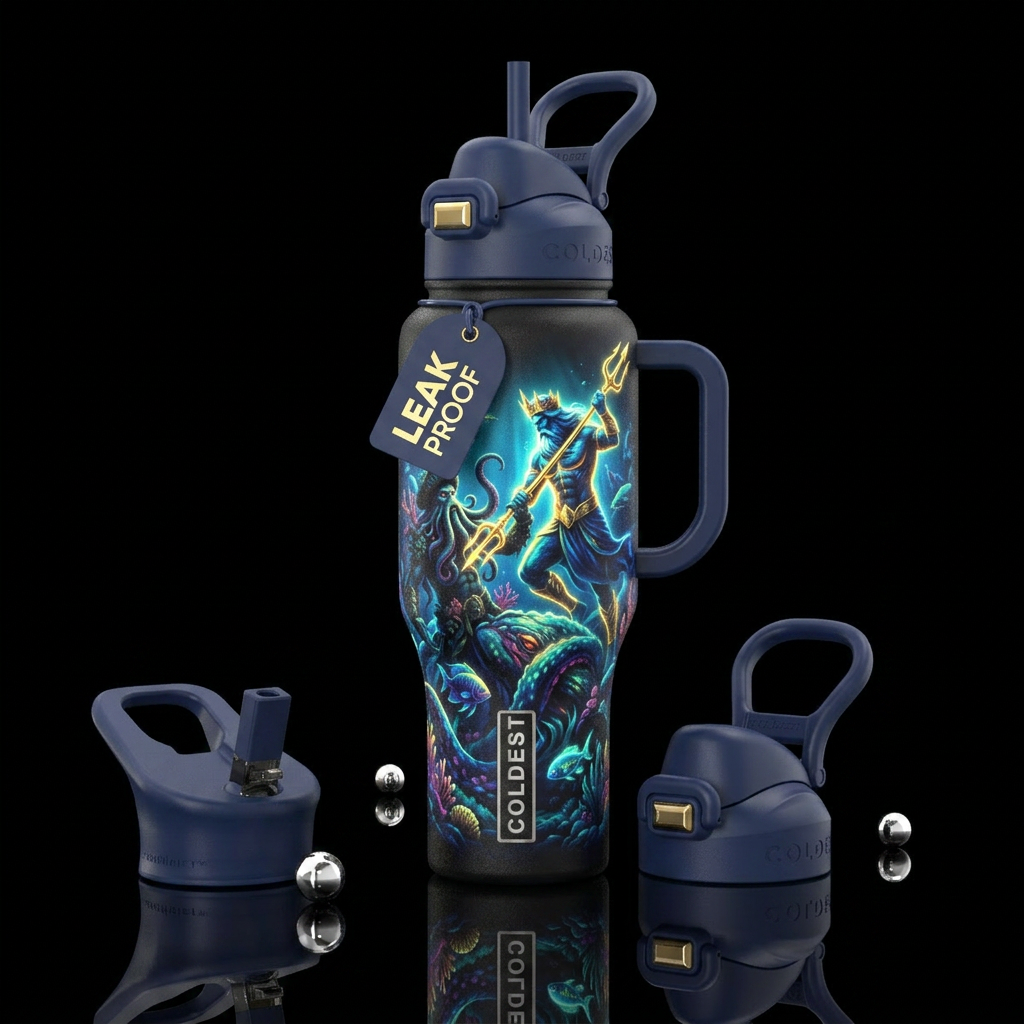 Glowy  king of the ocean with golden trident battl... water bottle design