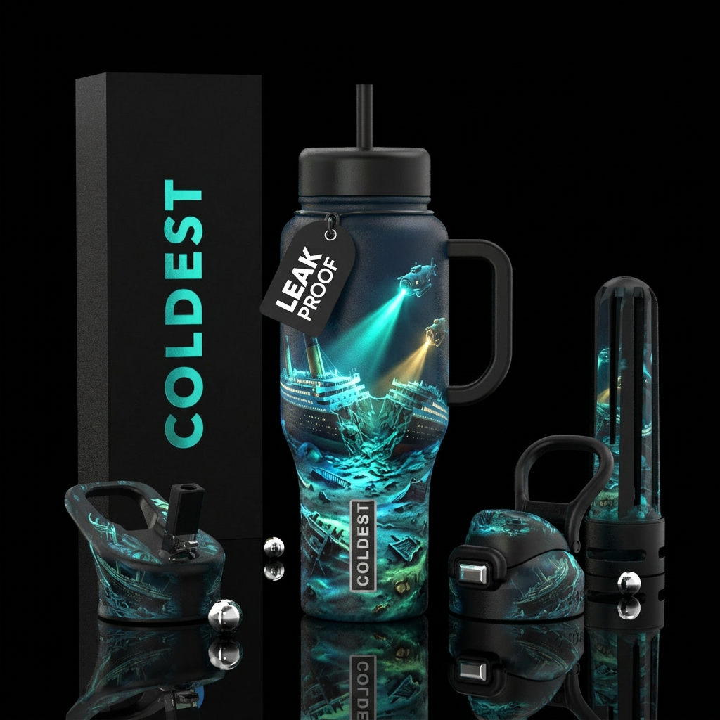 Glowy Titanic at the bottom of the sea split in ha... water bottle design