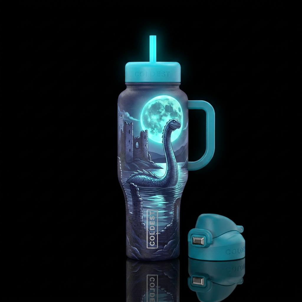 Loch Ness monster seen in the moonlight from castl... water bottle design
