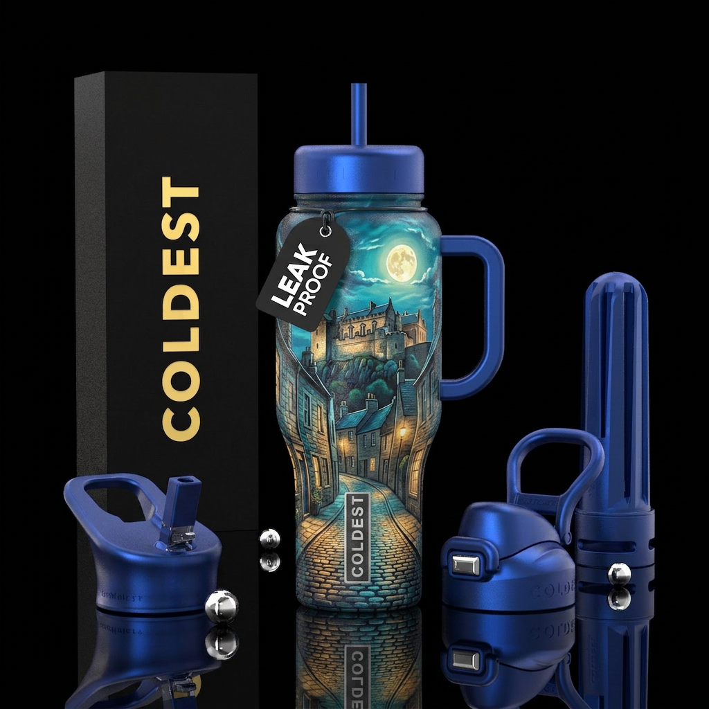Glowy moonlight shining over the streets of Stirli... water bottle design