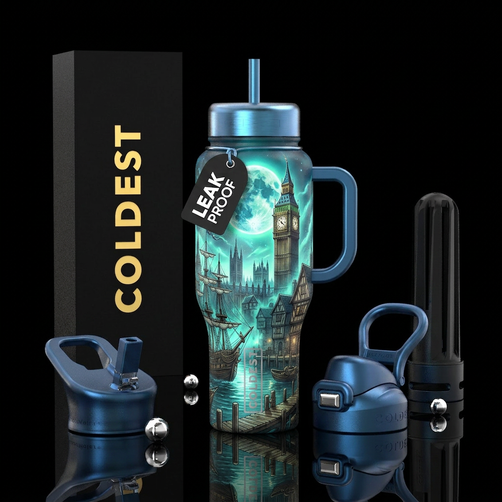 Tall ships docked in harbor in Mideaval London wit... water bottle design