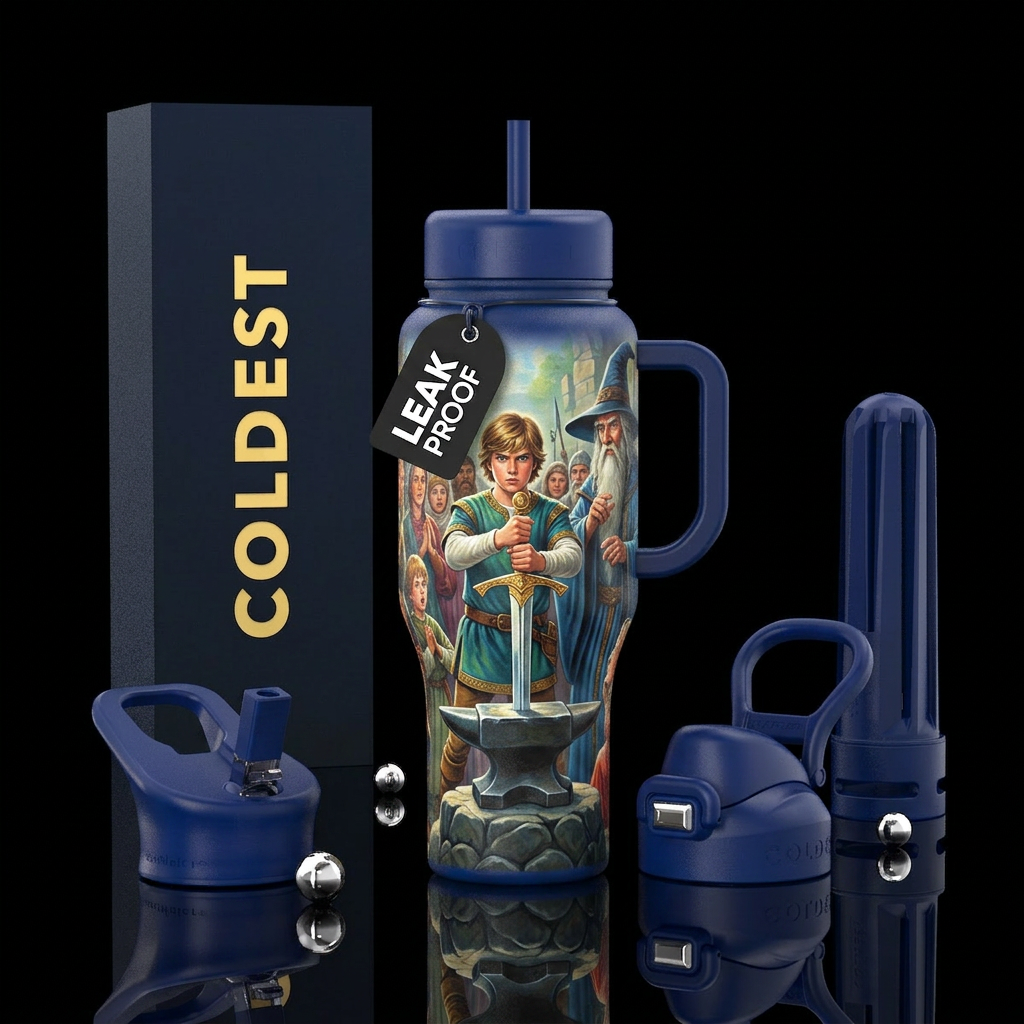 Boy Arthur pulling Excalibur from the stone in fro... water bottle design