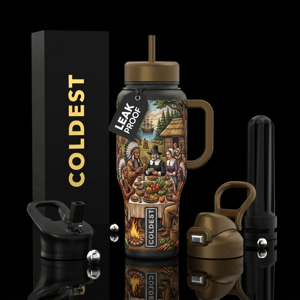 Native Americans celebrating the first Thanksgivin... water bottle design