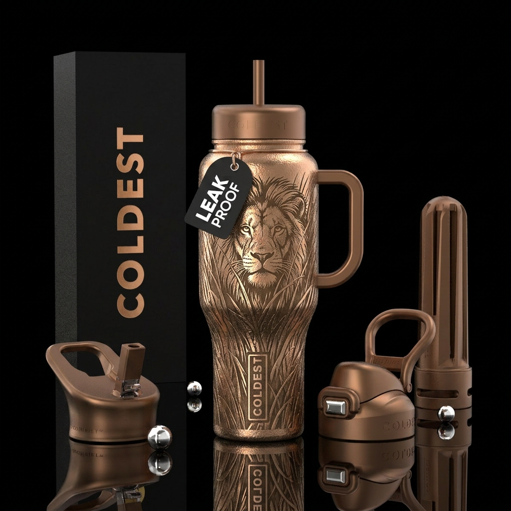 Textured bronze tumbler with lion hiding in the gr... water bottle design