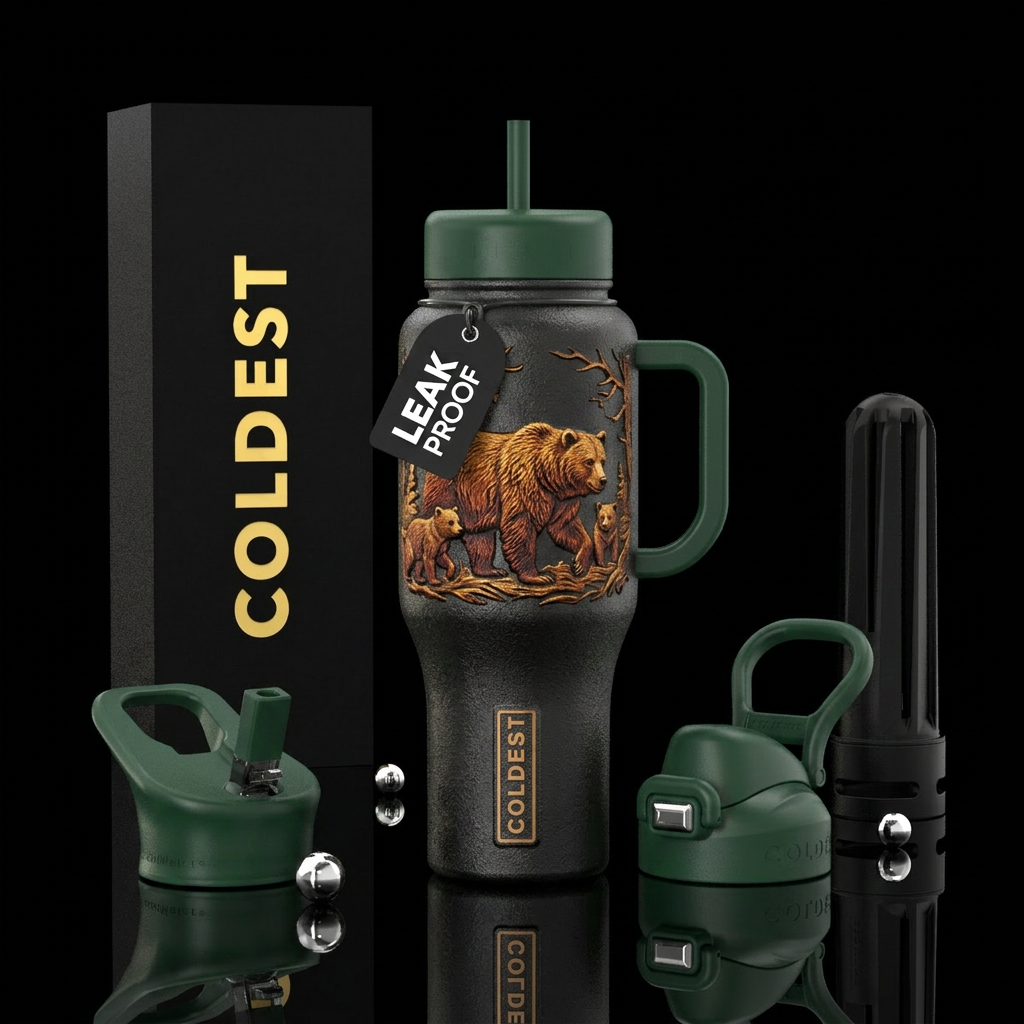 Cast iron Tumbler with textured Bear and 2 cubs water bottle design