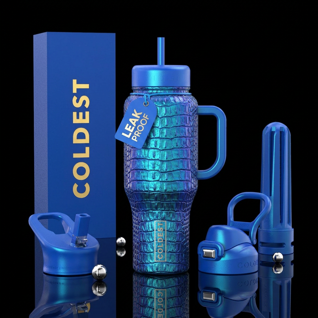 Iridescent blue crocodile scales water bottle design
