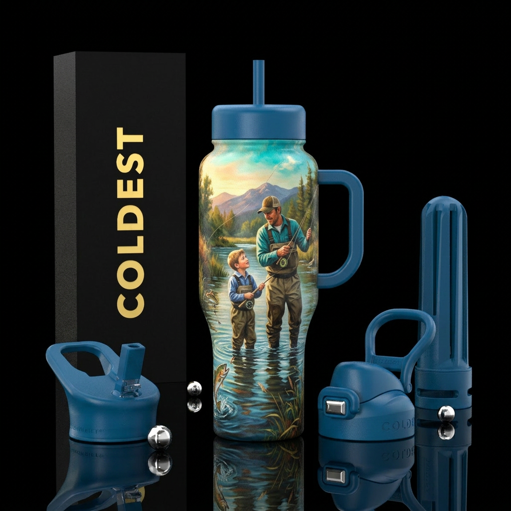 Painting of a dad and son fly fishing water bottle design