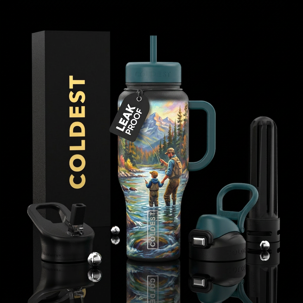 Painting of a dad and son fly fishing water bottle design