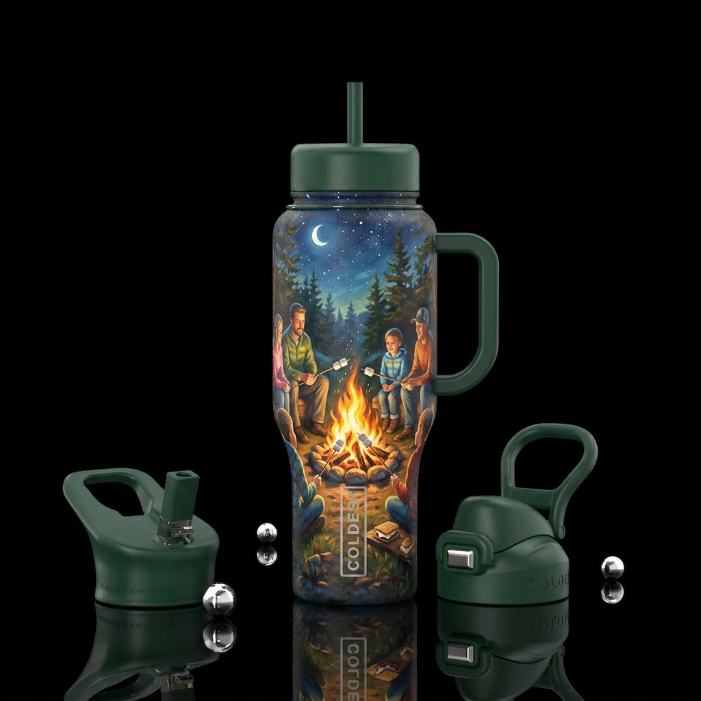 Painting of a family campout roasting smores on th... water bottle design